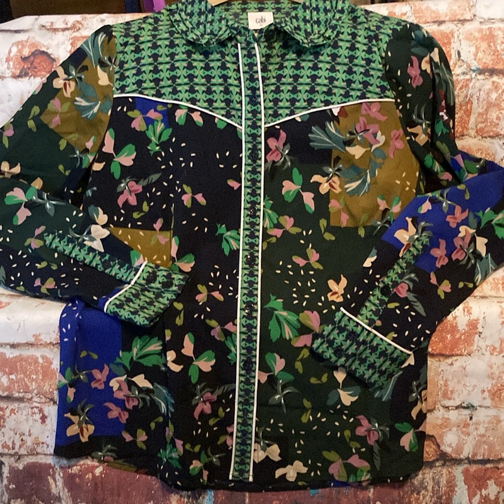 Cabi Bronco Mix Print Green Button Blouse Women’s Size Medium - Picture 2 of 11